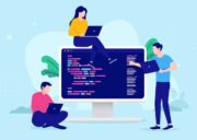 Collaborative coding. A group of developers working together. Kotlin introduction. Agile